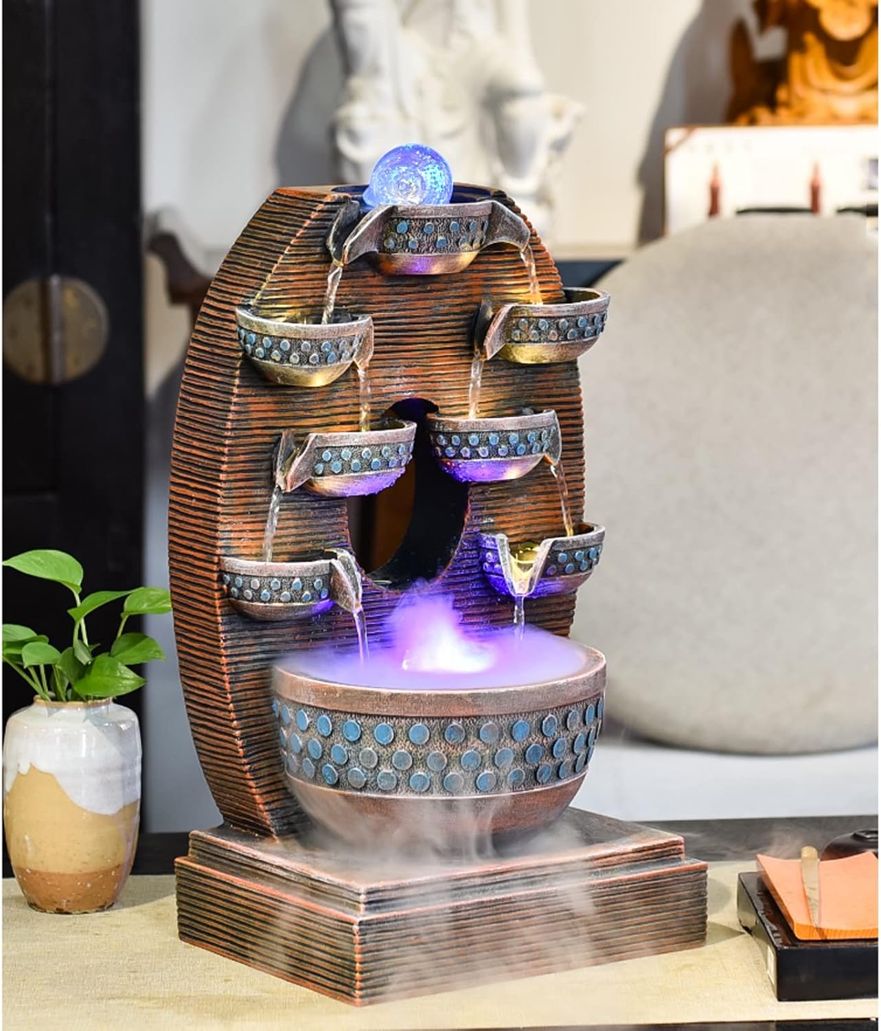 HIHELO Desktop Fountain Resin Tabletop Fountain with Pump Indoor Waterfall Tabletop Fountain Decoration 4 Level Indoor Tabletop Decoration Meditation Waterfall Water Fountain Outdoor