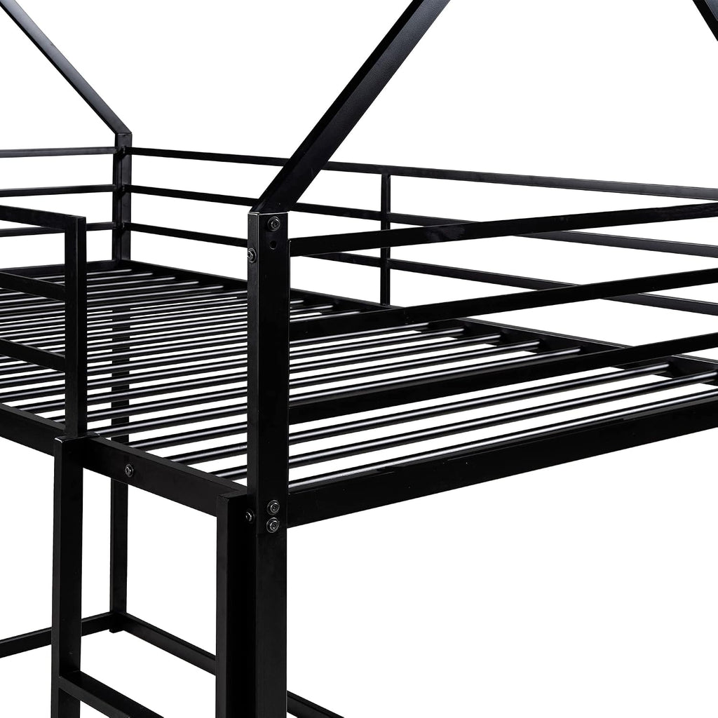 MERITLINE Metal Bunk Bed Twin Over Twin Size House Shaped Bunk Bed Frame Low Bunk Beds for Kids and Toddlers, Twin Size