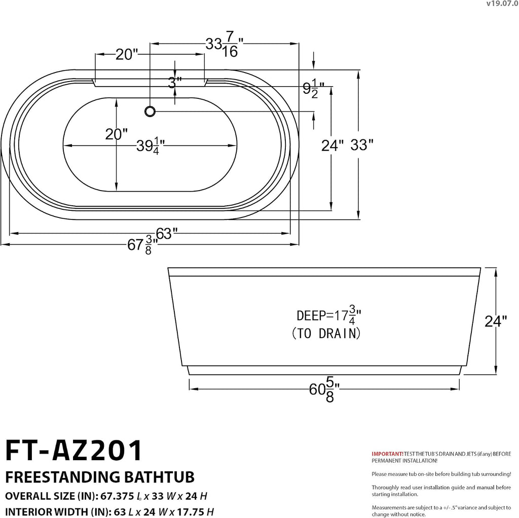 ANZZI Freestanding Tub 34' x 67', Center Drain Whirlpool and Air Bath Tub in White, Whirlpool Jetted, Aromatherapy, Sofi Series (FT-AZ201)