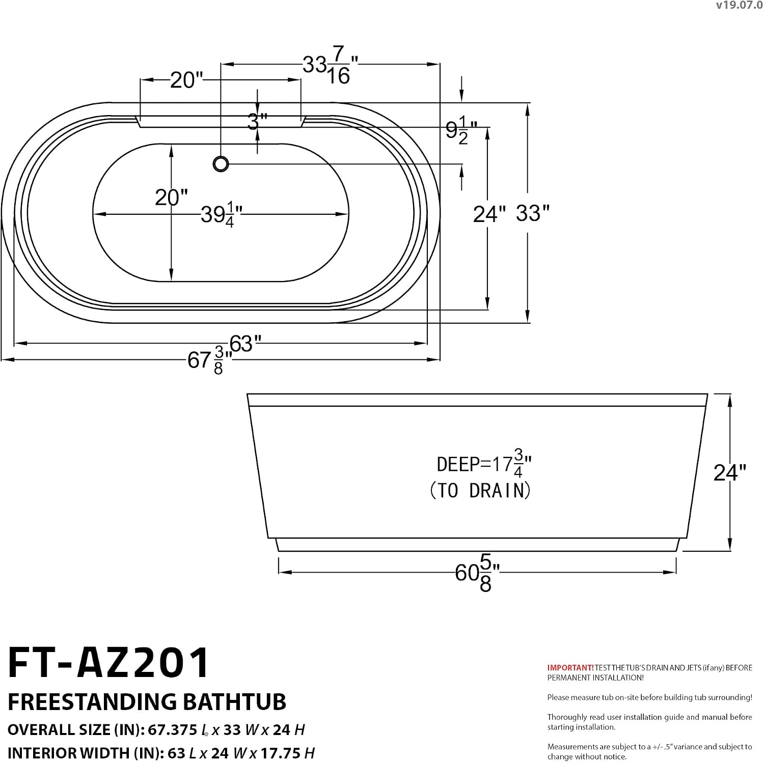 ANZZI Freestanding Tub 34' x 67', Center Drain Whirlpool and Air Bath Tub in White, Whirlpool Jetted, Aromatherapy, Sofi Series (FT-AZ201)
