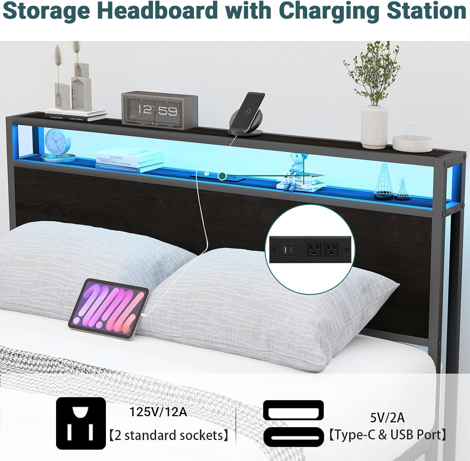 Zevemomo Queen Bed Frames with Headboard, Queen Size Storage Bed Frame with 8 Drawers, Built-in Charging Ports & Outlets, Adjustable Atmospheric LED Lights, Queen-Size Metal Foundation Beds, Black