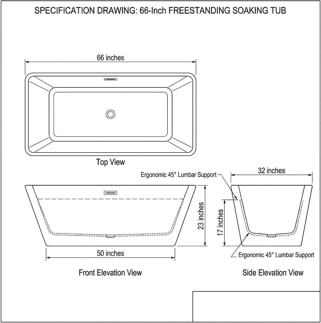 66' Acrylic Freestanding Soaking Tub, Contemporary Design Bathtub, Chrome Overflow & Drain, Easy Installation for Modern Bathroom, White