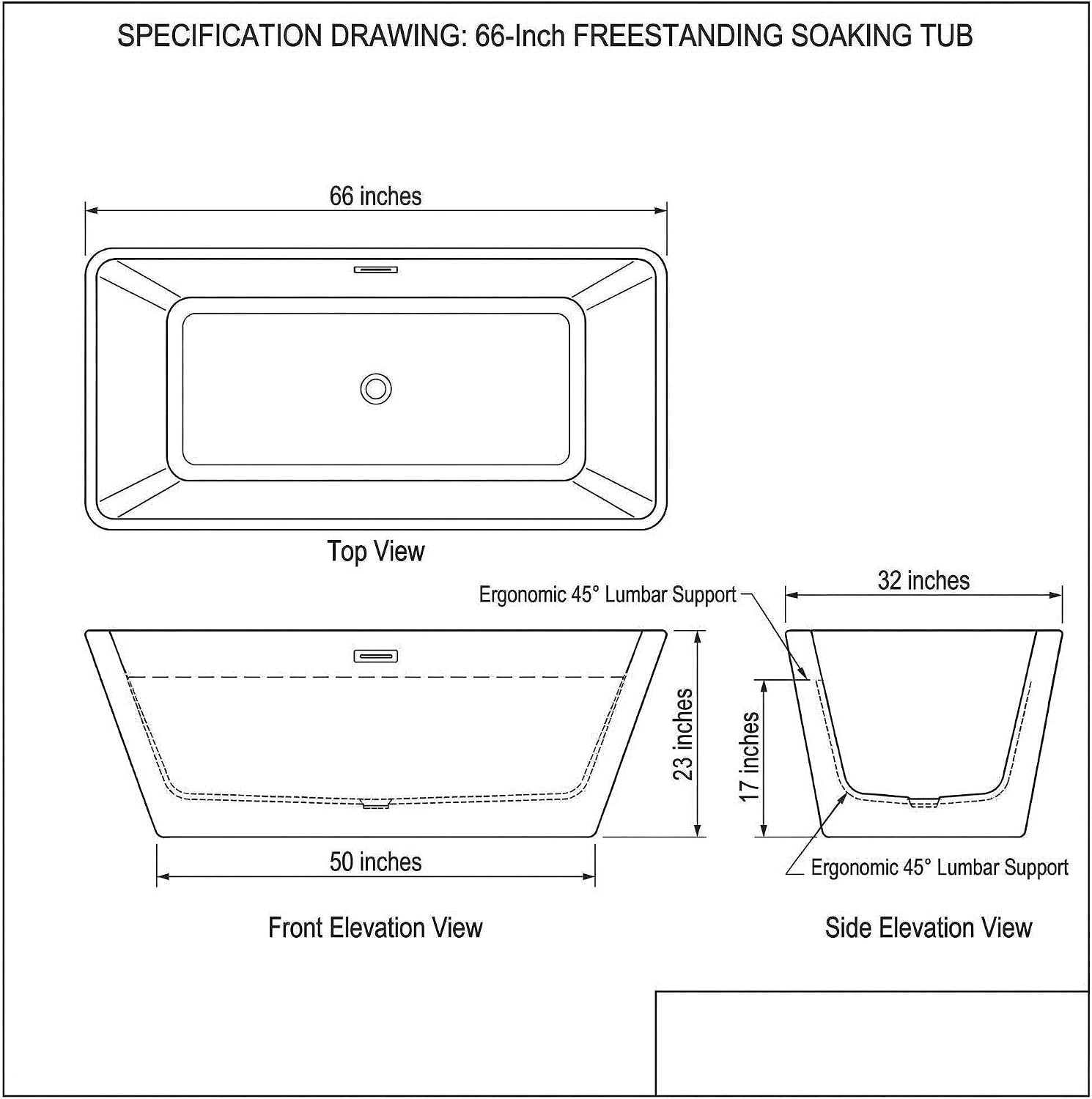 66' Acrylic Freestanding Soaking Tub, Contemporary Design Bathtub, Chrome Overflow & Drain, Easy Installation for Modern Bathroom, White