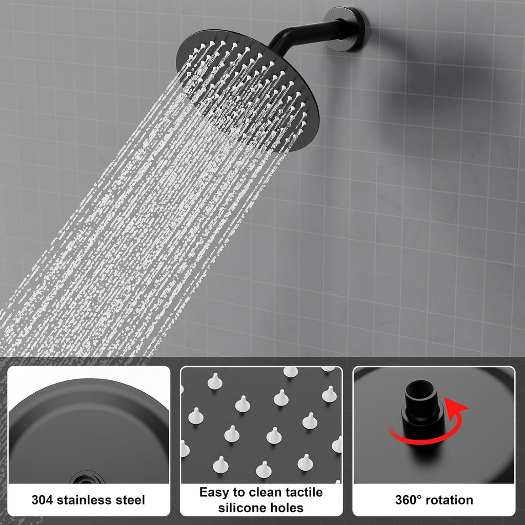 Shower Faucet Set 8IN Brass Rough-In Valve Body Trim Kit Rainfall Included Handle Accessories Complete 2 Functions with Rain Head and Handheld Bathroom Systems (8 Inch Matte Black)