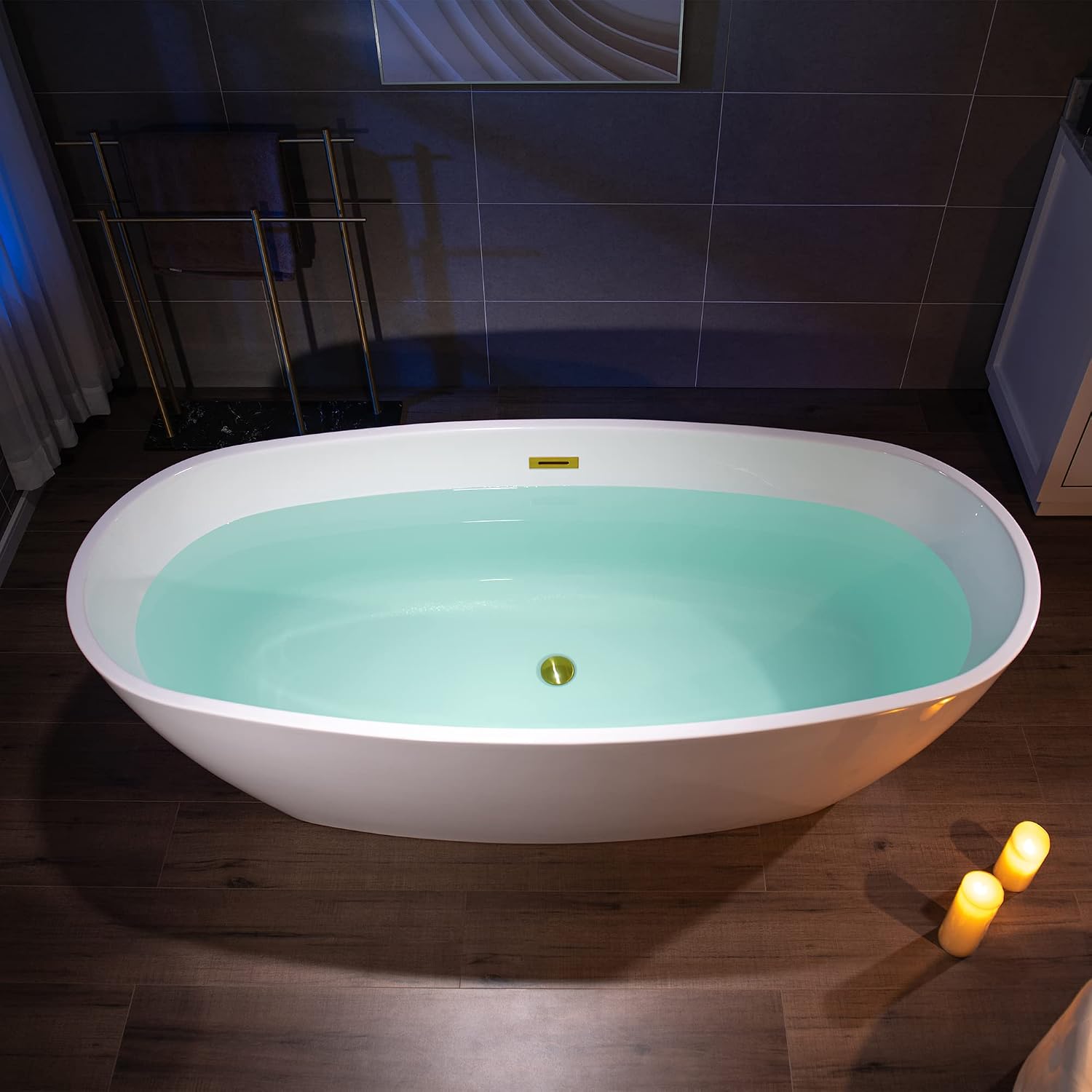 WOODBRIDGE 71' Acrylic Freestanding Bathtub Contemporary Soaking Tub, White Acrylic,Brushed Gold Drain/Overflow