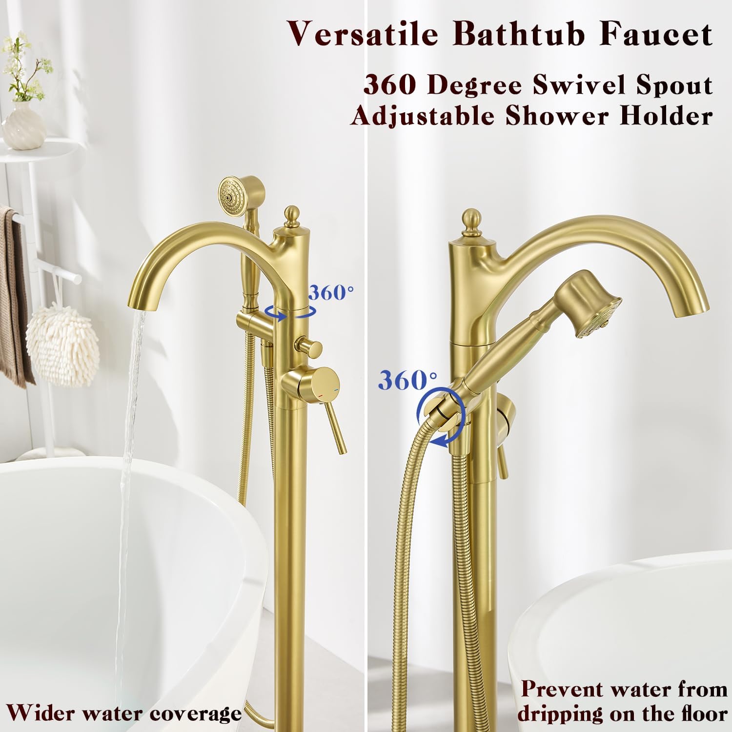 Free Standing Tub Faucet, High Flow Rate Brushed Light Gold Classic Freestanding Tub Faucets with Hand Shower Brass Floor Mount Tub Filler （WT-9002BGZZ）