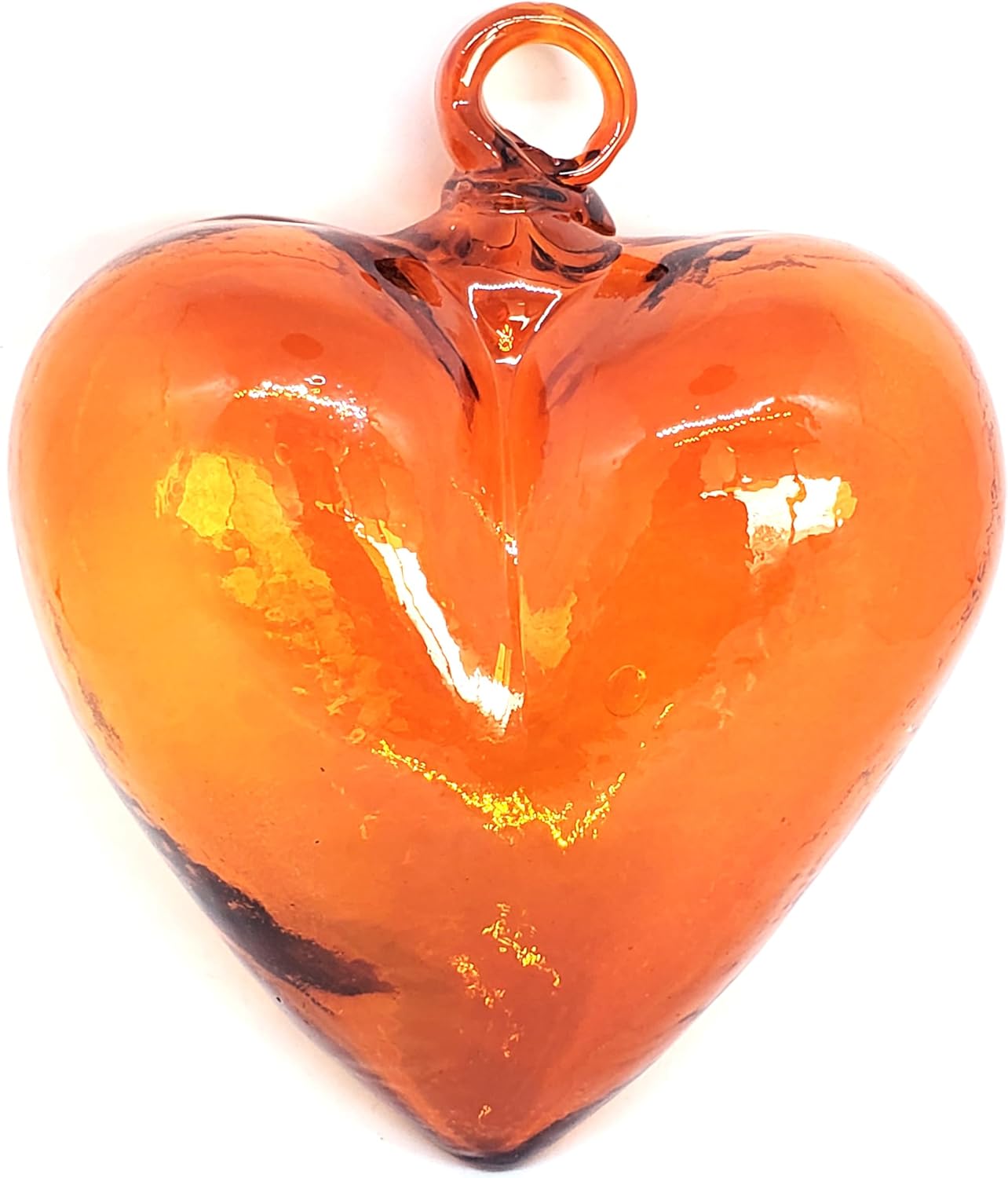 Orange 5.1 inch Large Hanging Glass Hearts (Set of 6), Recycled Blown Glass Ornaments (LGE Orange Hearts)