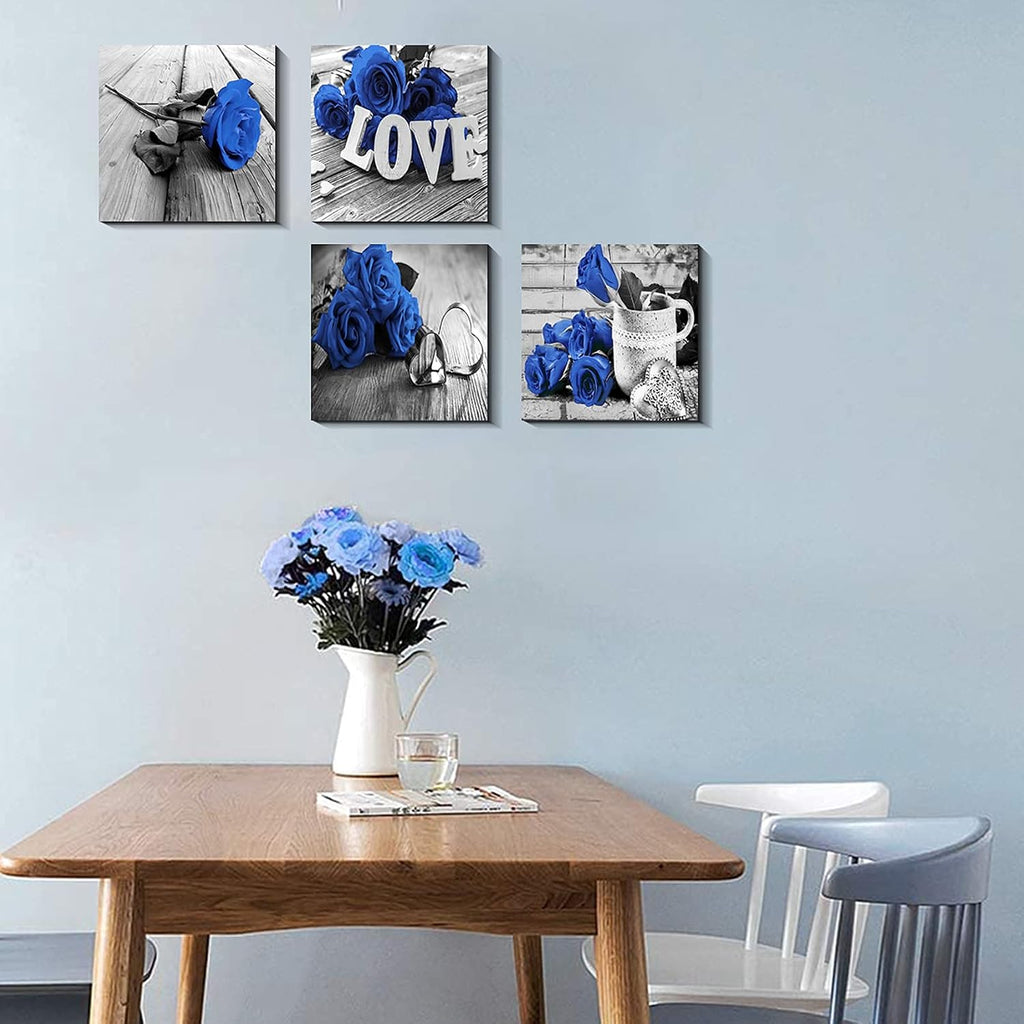 Blue Flower Wall Art Black and White Wall Decor Blue Rose Prints Paintings Artwork Bathroom Kitchen Living Room Home Decorations 20 x 20' Sets 4 Panels Rustic Romantic Floral Love Sign Frames Pictures