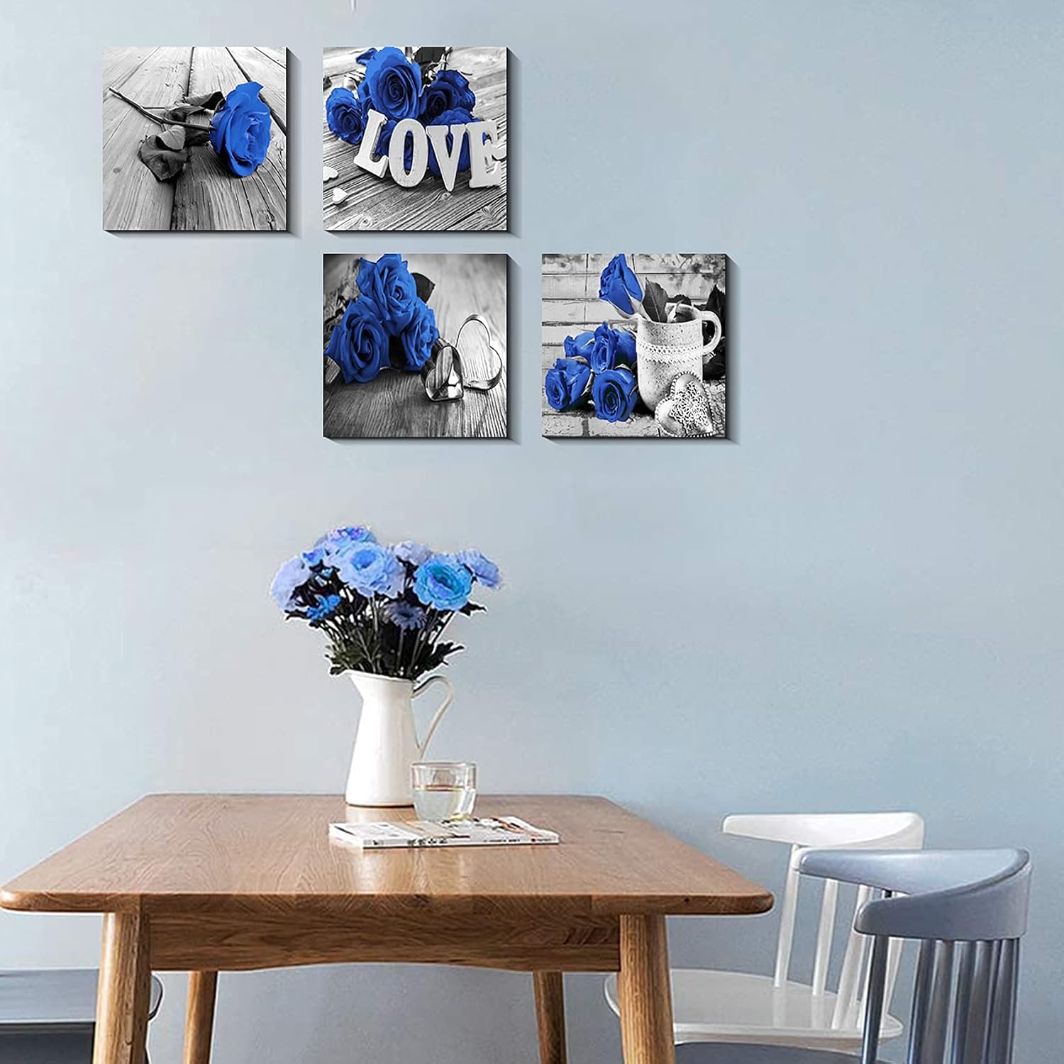 Blue Flower Wall Art Black and White Wall Decor Blue Rose Prints Paintings Artwork Bathroom Kitchen Living Room Home Decorations 20 x 20' Sets 4 Panels Rustic Romantic Floral Love Sign Frames Pictures