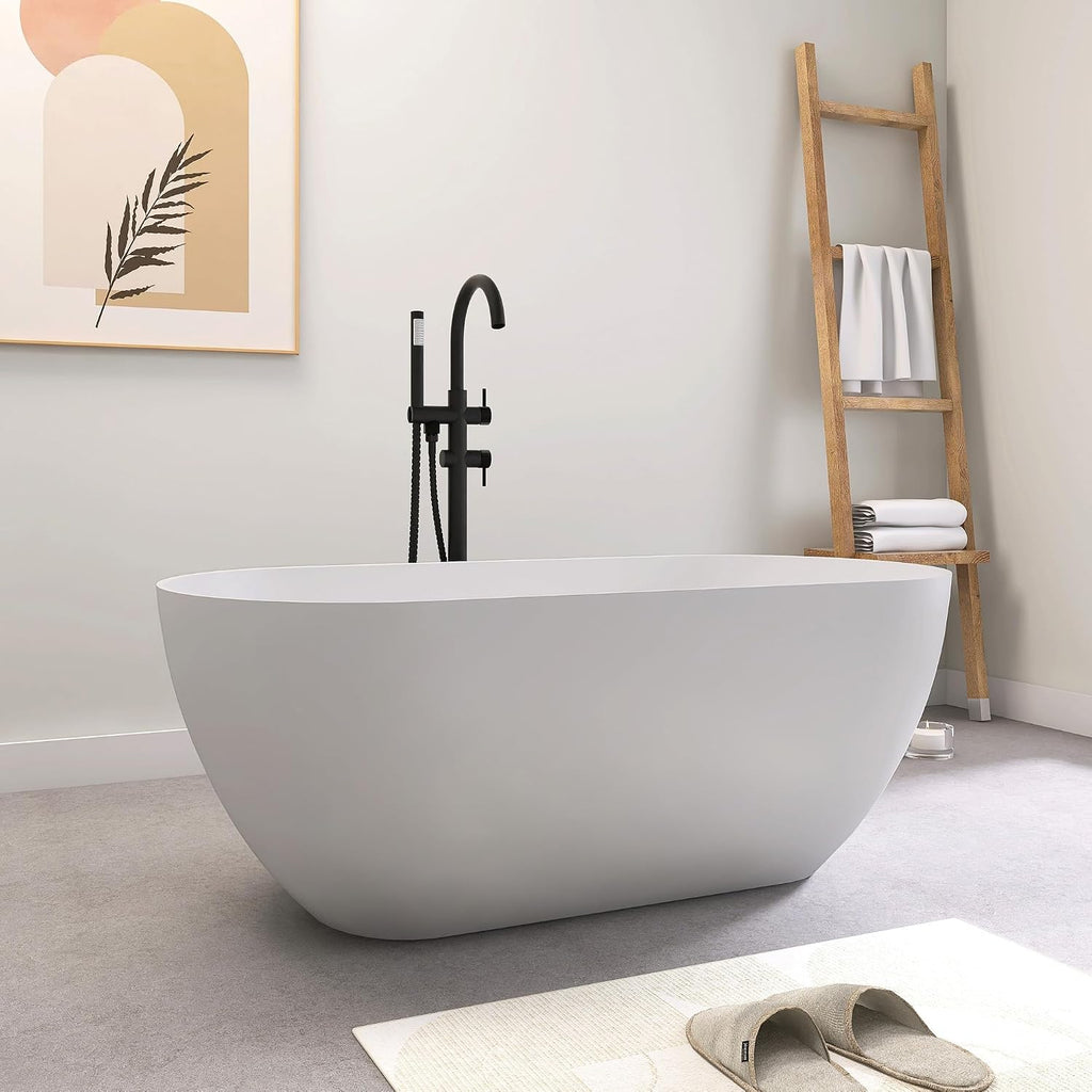 SJ STAR&JANE 51' Solid Surface Freestanding Bathtub, Matte White Oval Soaking Stone Resin Tub with Overflow and Pop-up Drain for Modern Bathrooms