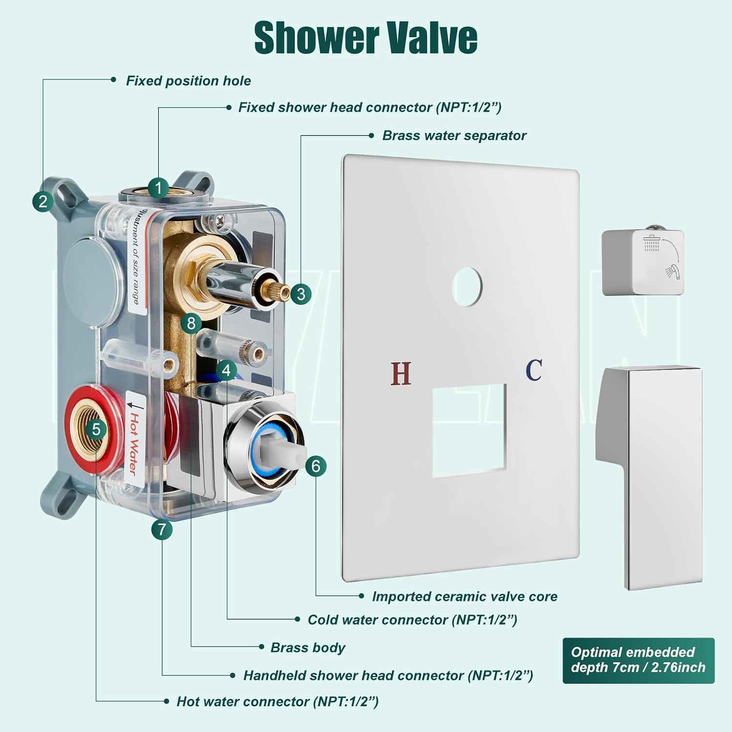 Heyalan Shower System Square Rain Shower System Head Shower Faucet Fixture 2 in 1 Handheld Shower Sprayer Rough in Valve Wall Mount Bathroom Rainfall Combo Set High Pressure,12 Inch,Polished Chrome