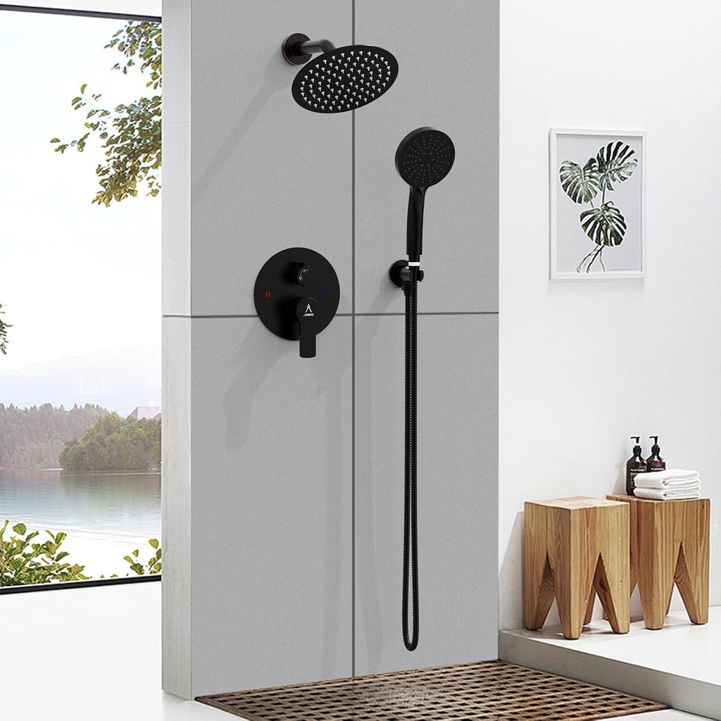Shower Faucet Set 8IN Brass Rough-In Valve Body Trim Kit Rainfall Included Handle Accessories Complete 2 Functions with Rain Head and Handheld Bathroom Systems (8 Inch Matte Black)