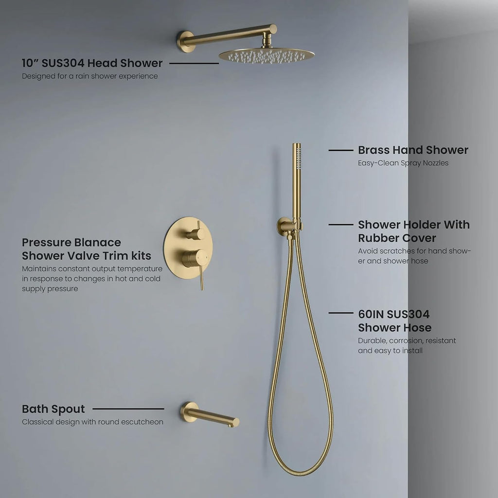KIBI Circular Bathroom Shower System | 3-Function Wall Mounted Shower Faucet Set with Solid Brass Pressure Balanced Valve | Three Hand Shower Modes | 15-inch Long Shower Arm | Brushed Brass (KSF404)
