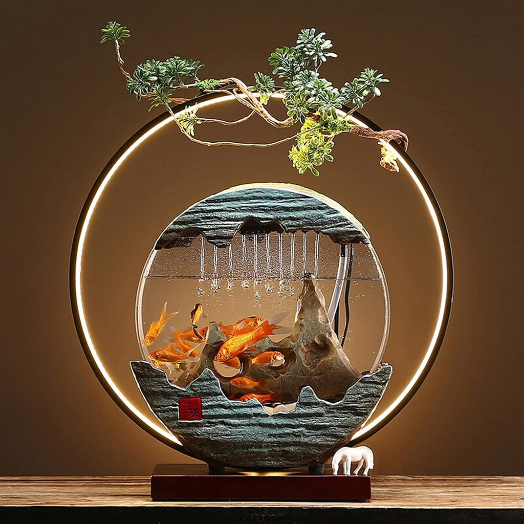WASHLA Creative Tabletop Fountain with LED Light Ring, Warm Light That is Not Dazzling, and a Glass Fish Tank, Suitable for Multiple Scenes