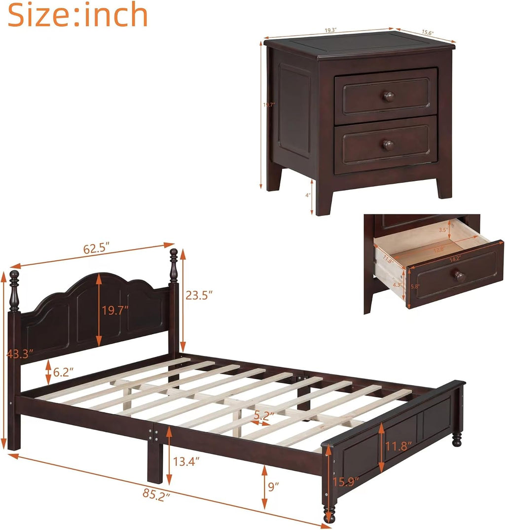3-Pieces Bedroom Sets,Queen Size Wood Platform Bed and Two Storage Nightstand and Dresser,Dark Walnut