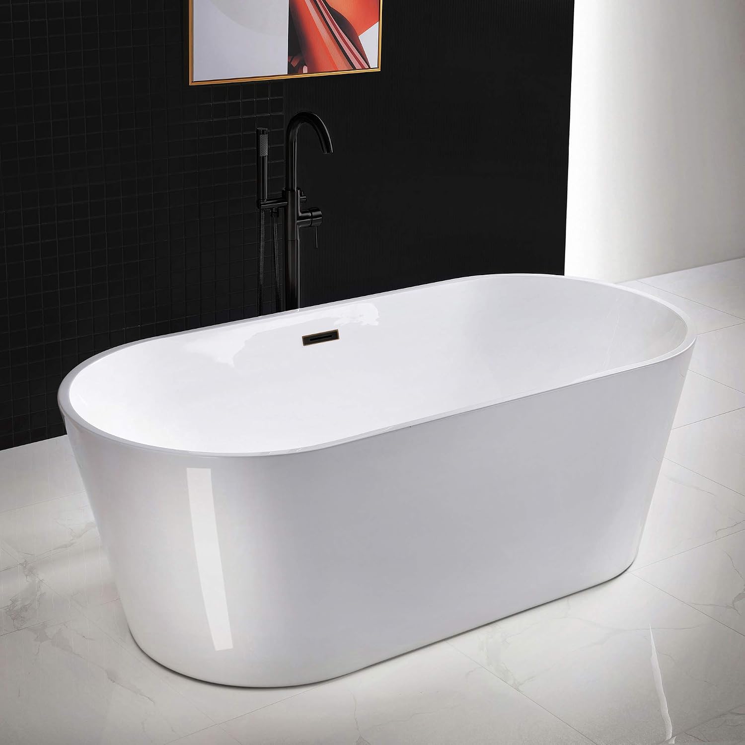WOODBRIDGE 67' Acrylic Freestanding Bathtub Contemporary Soaking White Tub with Oil Rubbed Bronze Overflow and Drain，B0013-ORB