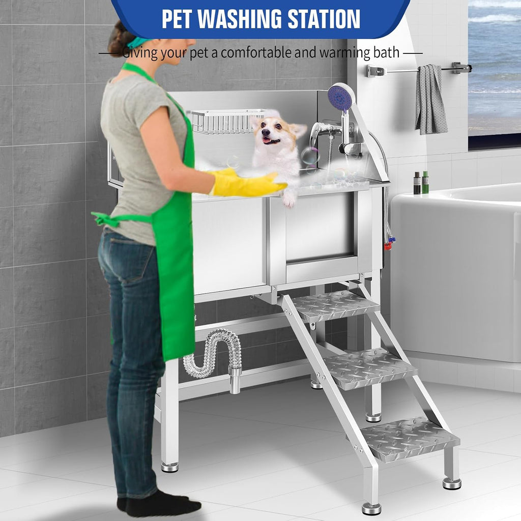 Dog Grooming Tub, L Pet Wash Station, Professional Stainless Steel Pet Grooming Tub With Ramp, Faucet, Sprayer, And Drain Kit
