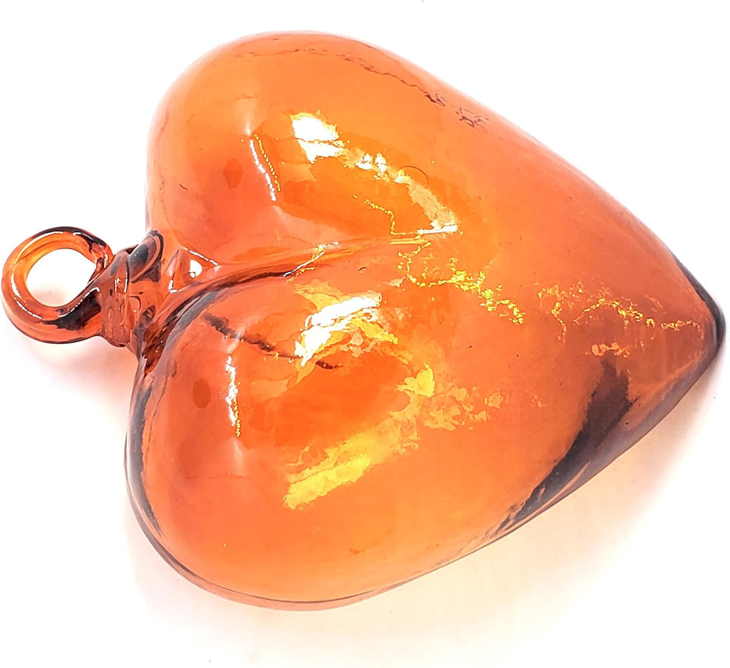 Orange 5.1 inch Large Hanging Glass Hearts (Set of 6), Recycled Blown Glass Ornaments (LGE Orange Hearts)