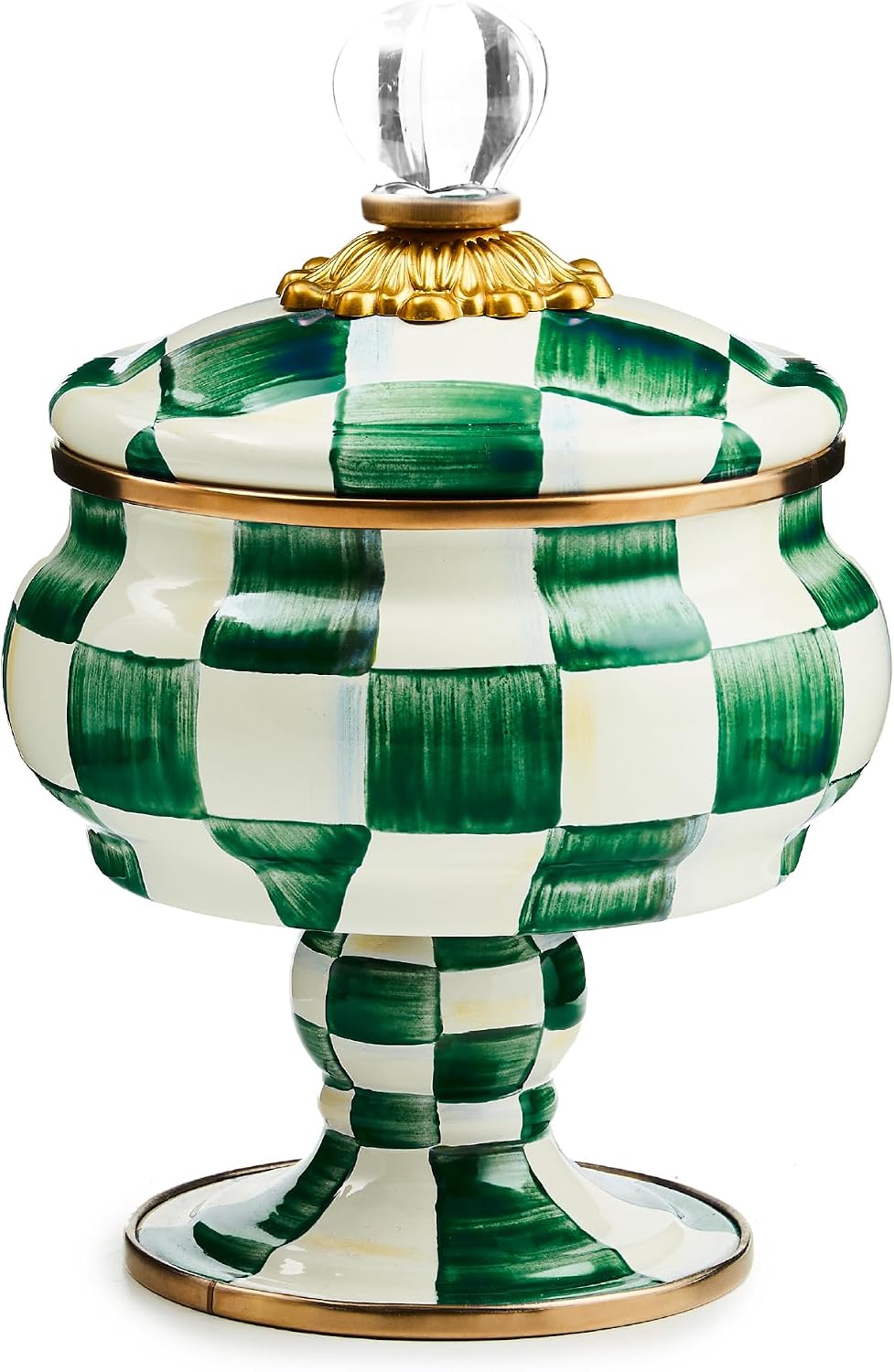 MACKENZIE-CHILDS Enamel Curiosity Pot, Decorative Container for Home Decor, Green-and-White Emerald Check