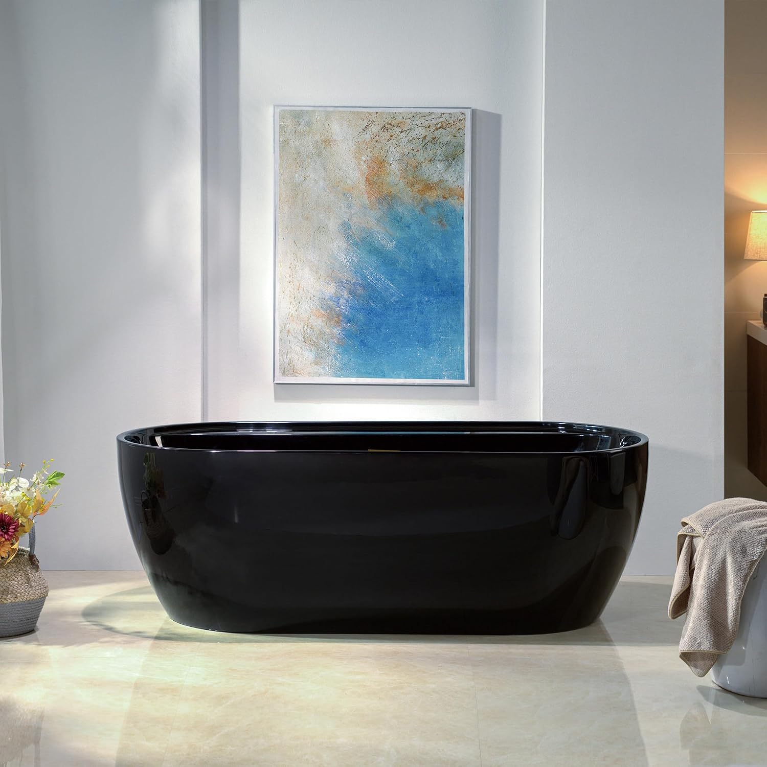 WOODBRIDGE 67' L x 31-1/2' W Freestanding Contemporary Acrylic Soaking Bathtub in Glossy Black Inside and Outside with Brushed Gold Drain & Overflow,B8863-BG