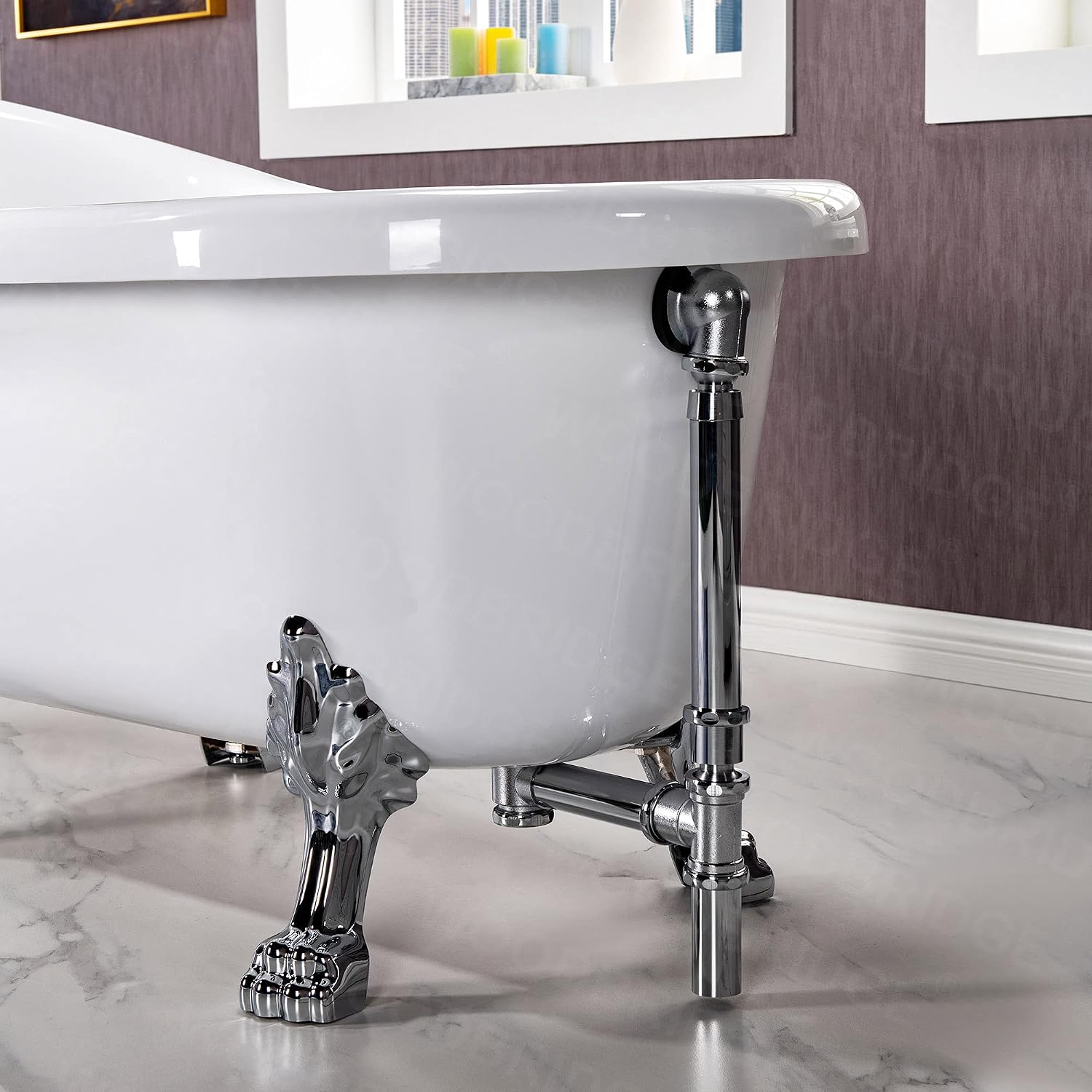 WOODBRIDGE 54' Heavy Duty Acrylic Slipper Clawfoot Bath Tub with Chrome Feet & Chrome Drain &Overflow,B0021 C