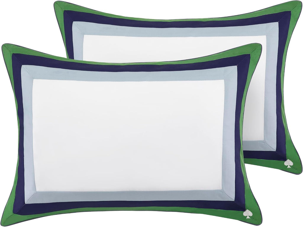 kate spade new york Color Block Full/Queen Comforter Set, 300 Thread Count and 100% Cotton Cover, All Season 3 Piece Reversible Bedding Set, Machine Washable, Navy, Green and White