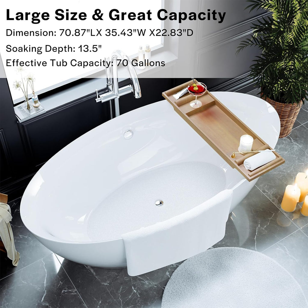 Empava Freestanding Bathtub, 71' Soaking Tub with Center Drain & Overflow – Acrylic Tub, Non-Slip Flat Bottom, Glossy White, cUPC Certified