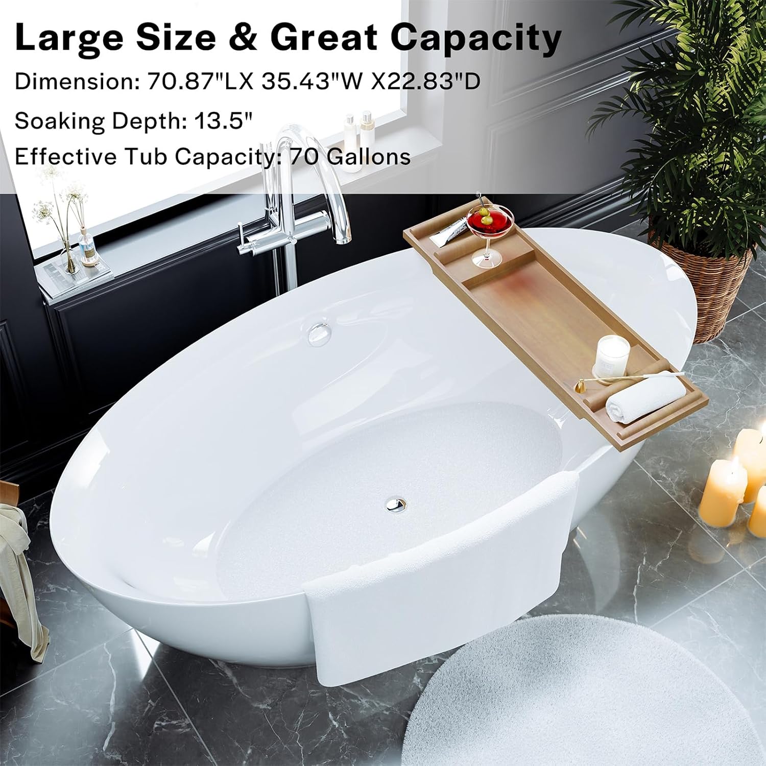 Empava Freestanding Bathtub, 71' Soaking Tub with Center Drain & Overflow – Acrylic Tub, Non-Slip Flat Bottom, Glossy White, cUPC Certified
