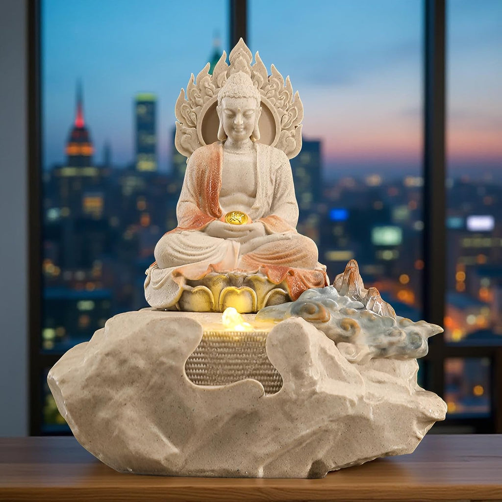 Zen Buddha Tabletop Fountain with LED Lights & Crystal Accents – Indoor Meditation Waterfall Feature with Cascading Water for Home, Office, Living Room or Bedroom – Free 10 Free Crystals (Style 1)