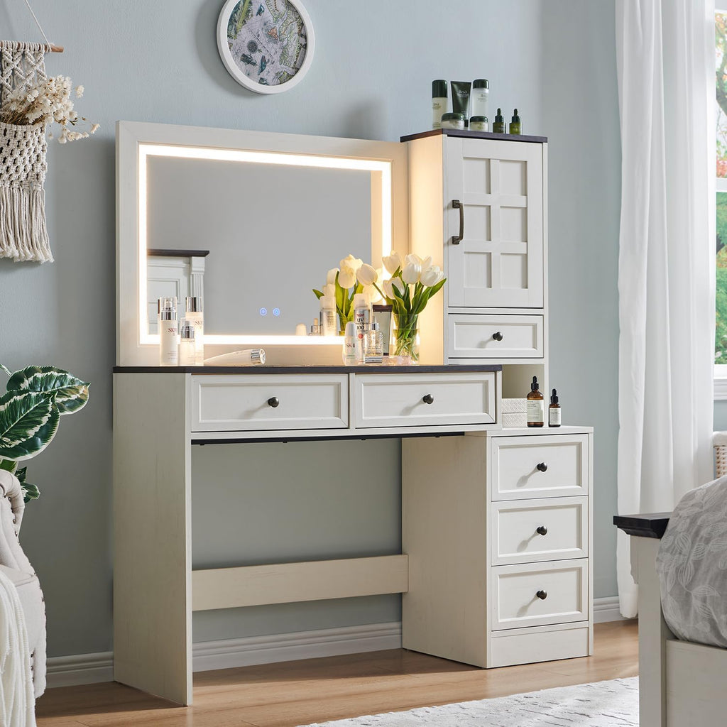 Aitjunz Farmhouse Vanity Desk with Touch Screen LED Mirror, 47' Big Make Up Table with 6 Drawers, Glass Top, Charging Station, Rustic Wood Dressing Table w/3 Color Available, Antique White