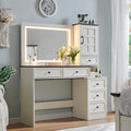Aitjunz Farmhouse Vanity Desk with Touch Screen LED Mirror, 47' Big Make Up Table with 6 Drawers, Glass Top, Charging Station, Rustic Wood Dressing Table w/3 Color Available, Antique White