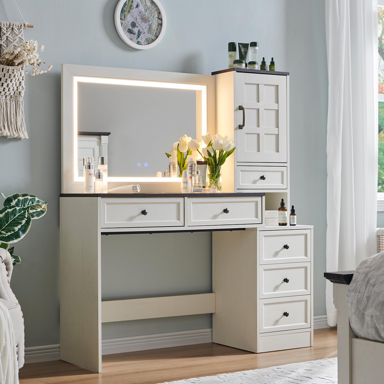 Aitjunz Farmhouse Vanity Desk with Touch Screen LED Mirror, 47' Big Make Up Table with 6 Drawers, Glass Top, Charging Station, Rustic Wood Dressing Table w/3 Color Available, Antique White