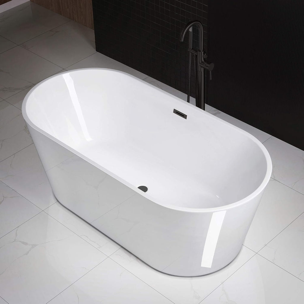 WOODBRIDGE 67' Acrylic Freestanding Bathtub Contemporary Soaking White Tub with Matte Black Overflow and Drain，B0013-MB