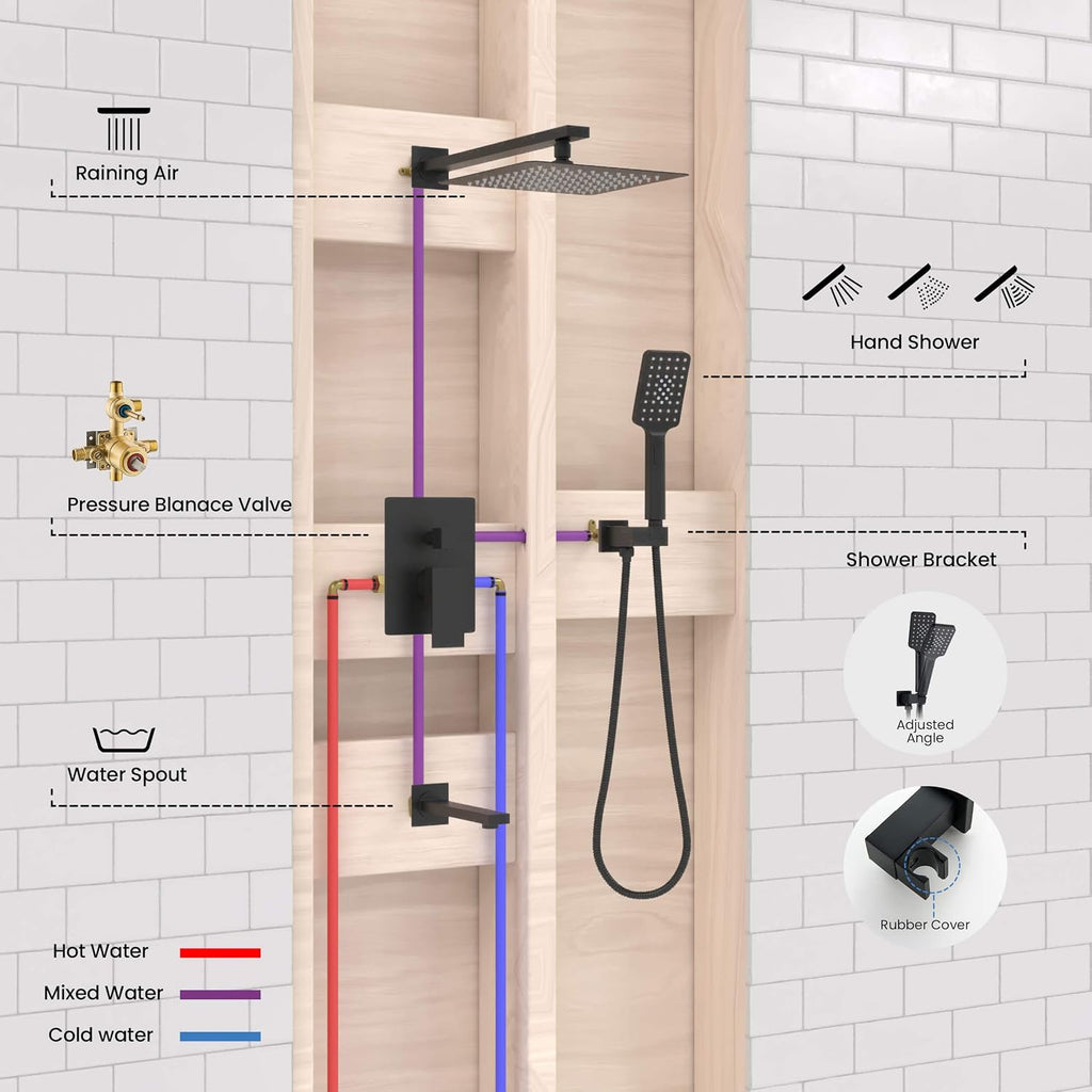 KIBI Cube 3-Function Matte Black Wall Mounted Bathroom Shower System | Solid Brass Pressure Balanced Valve Bath Faucet Set | 15-inch Shower Arm | Handheld Waterfall Shower Mode (KSF406MB)