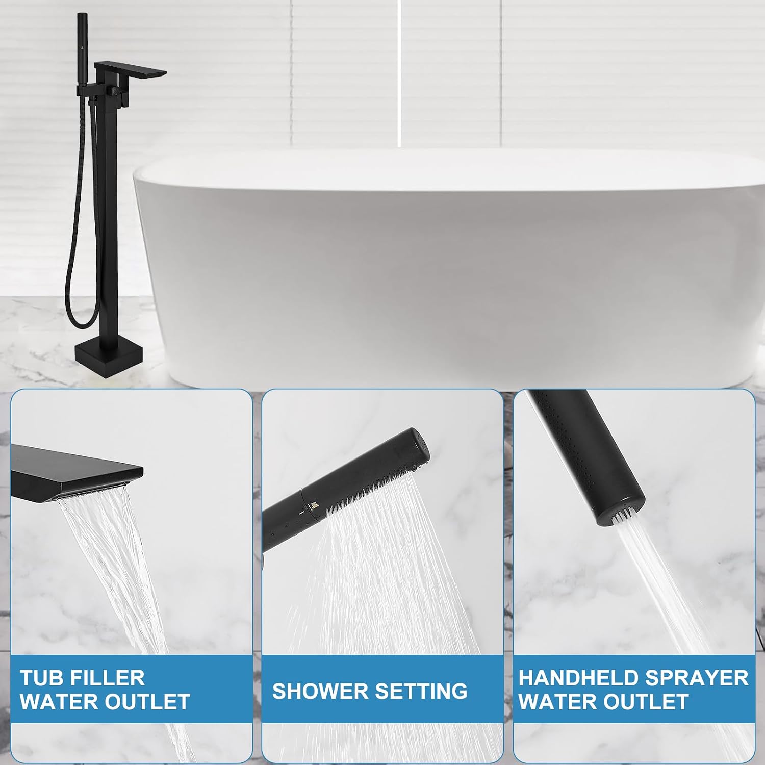 RUMOSE Matte Black Bathtub Filler Freestanding Tub Filler Floor Mount Tub Faucet Waterfall Free Standing Bathtub Faucet High Flow Brass Bath Shower Faucets with Handheld Sprayer