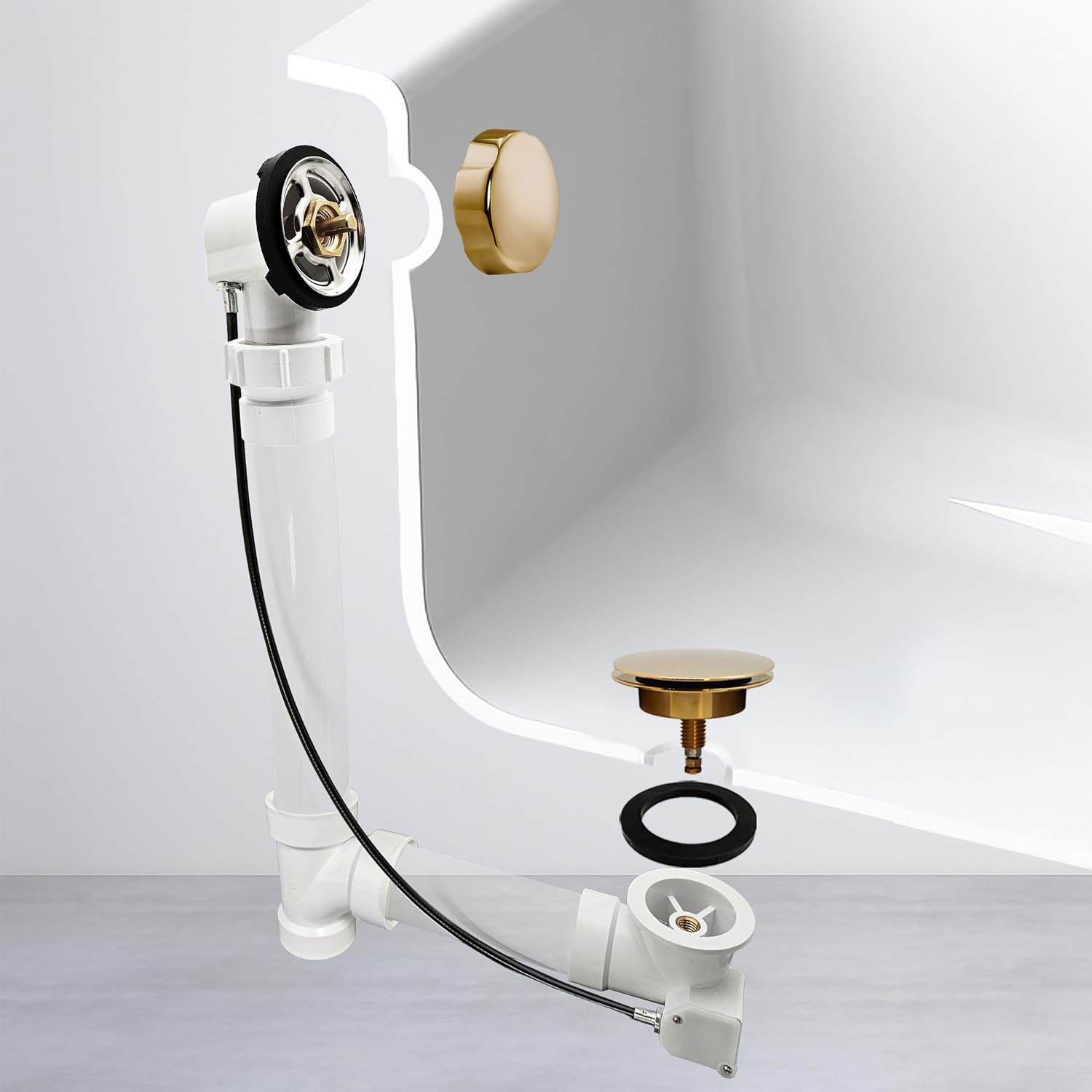 Westbrass A50P35BJ-01 1-1/2' Sch. 40 PVC 35' Cable Driven Bath Waste Kit with Ball Joint Head and Brass Trim Drain Kit, Polished Brass