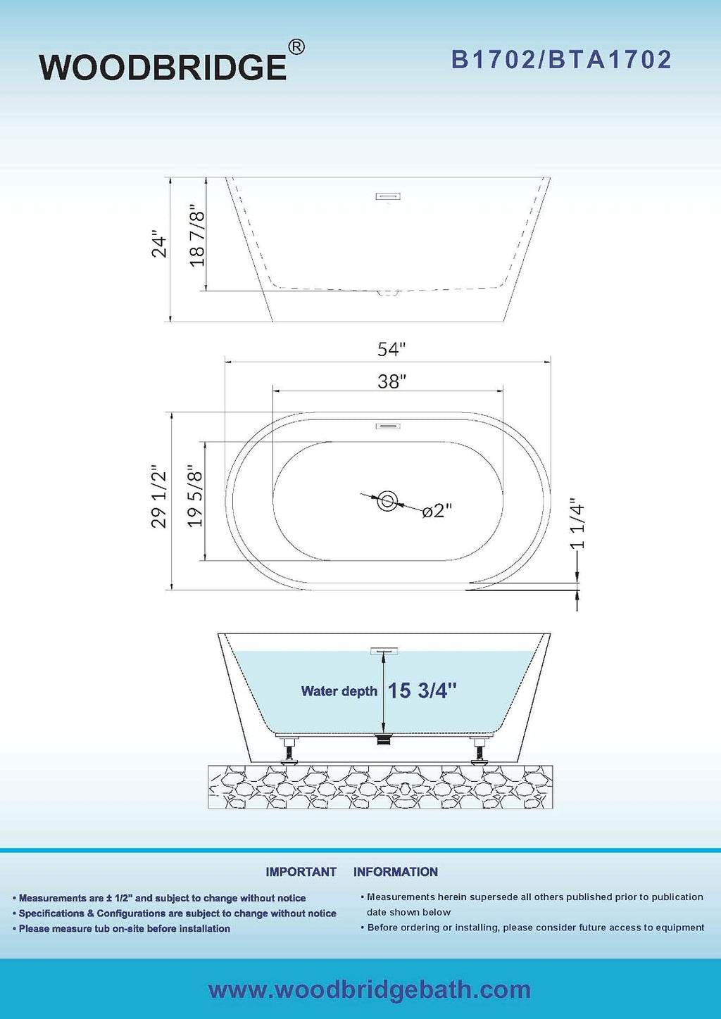 WOODBRIDGE 54' Acrylic Freestanding Bathtub Contemporary Soaking White Tub with Brushed Nickel Overflow and Drain，BTA1702-B/N