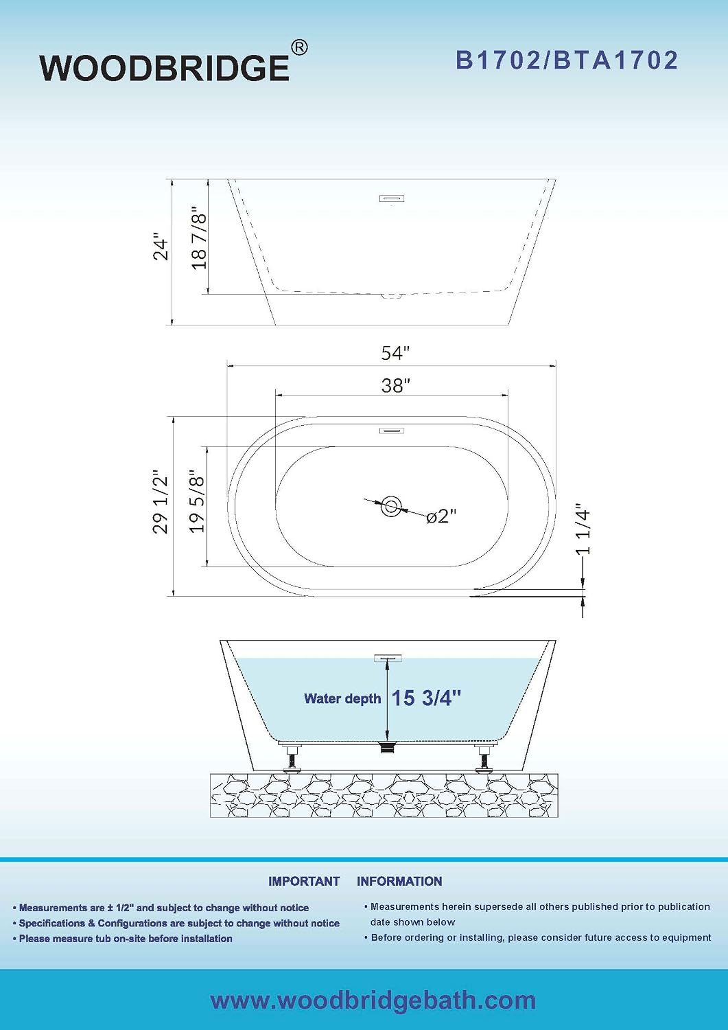 WOODBRIDGE 54'Freestanding White Acylic Soaking Bathtub with ORB Drain and Overflow,BTA1702-ORB