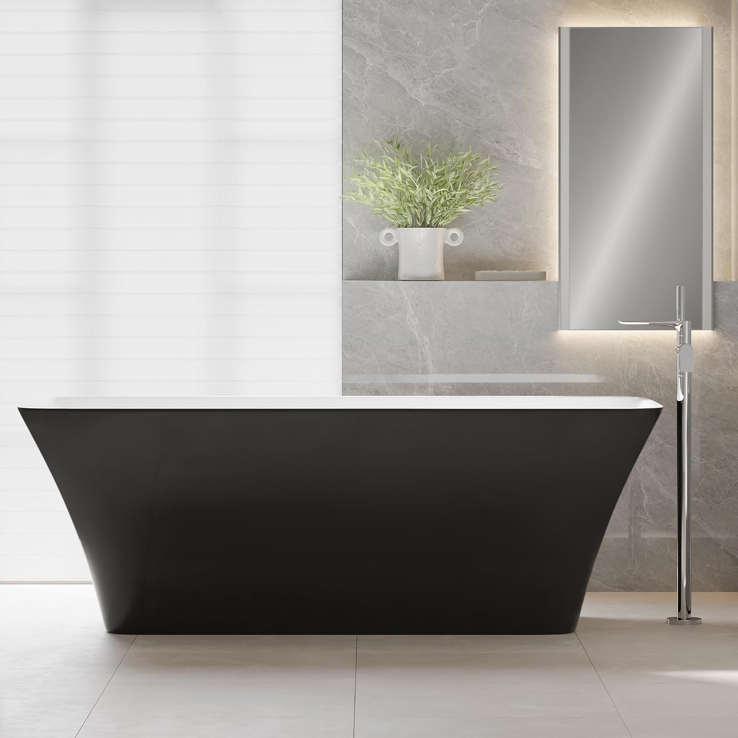 Freestanding Bathtub 67 inch Black and White Acrylic Tub, Deep Soaking Modern Bath for Bathroom Remodel and Home Spa Relaxing Comfort