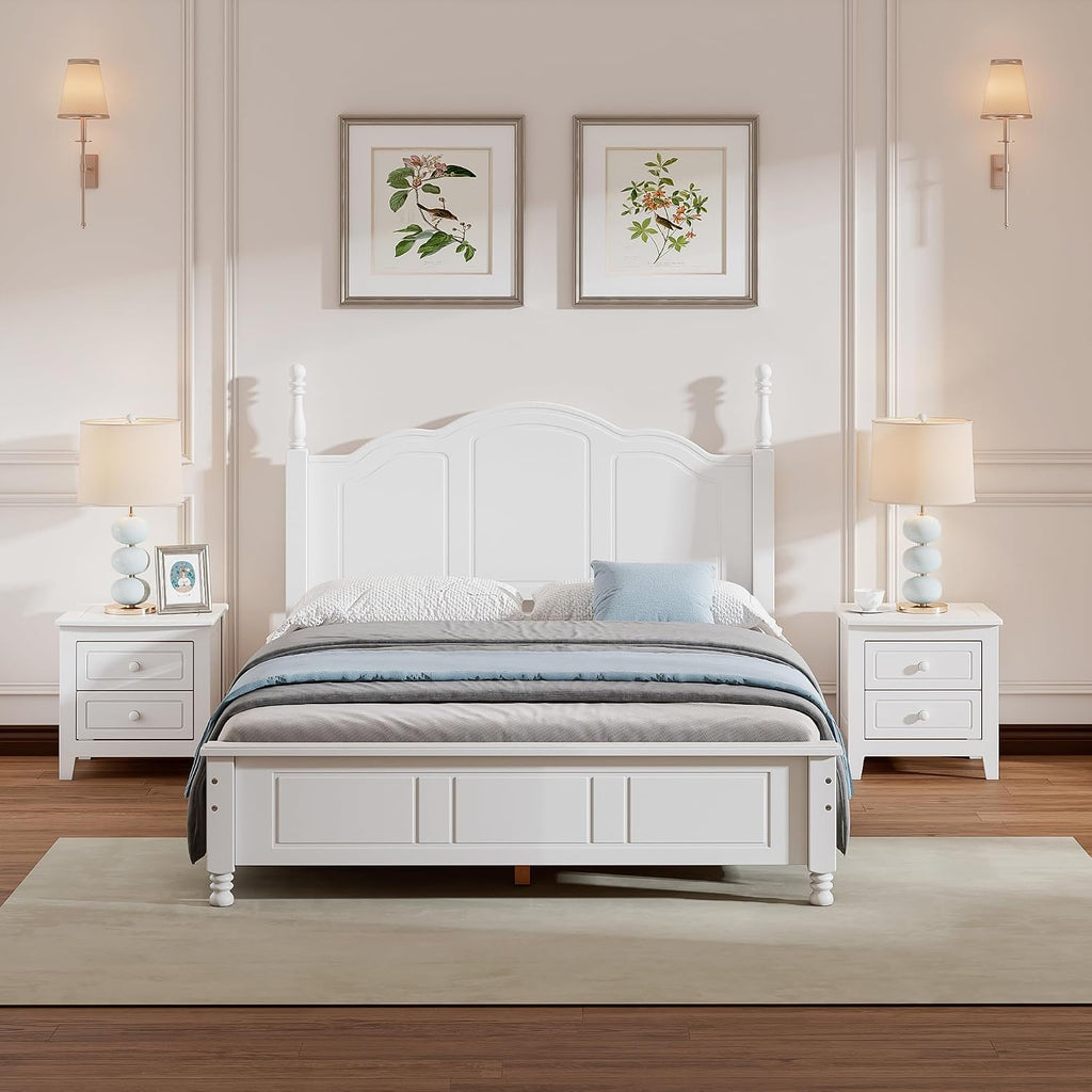 3-Pieces Bedroom Sets, Retro Style Full Size Platform Bed with Wooden Slat Support and Headboard, Wooden Bedroom Furniture Set with 2 Nightstands for Kids Teens Adults Bedroom (White + Wood 078)