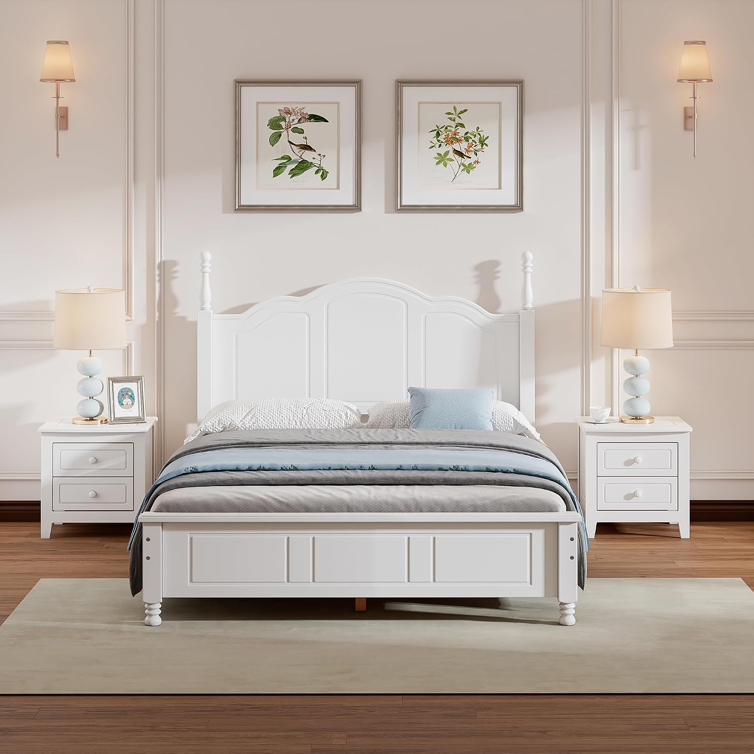 3-Pieces Bedroom Sets, Retro Style Full Size Platform Bed with Wooden Slat Support and Headboard, Wooden Bedroom Furniture Set with 2 Nightstands for Kids Teens Adults Bedroom (White + Wood 078)
