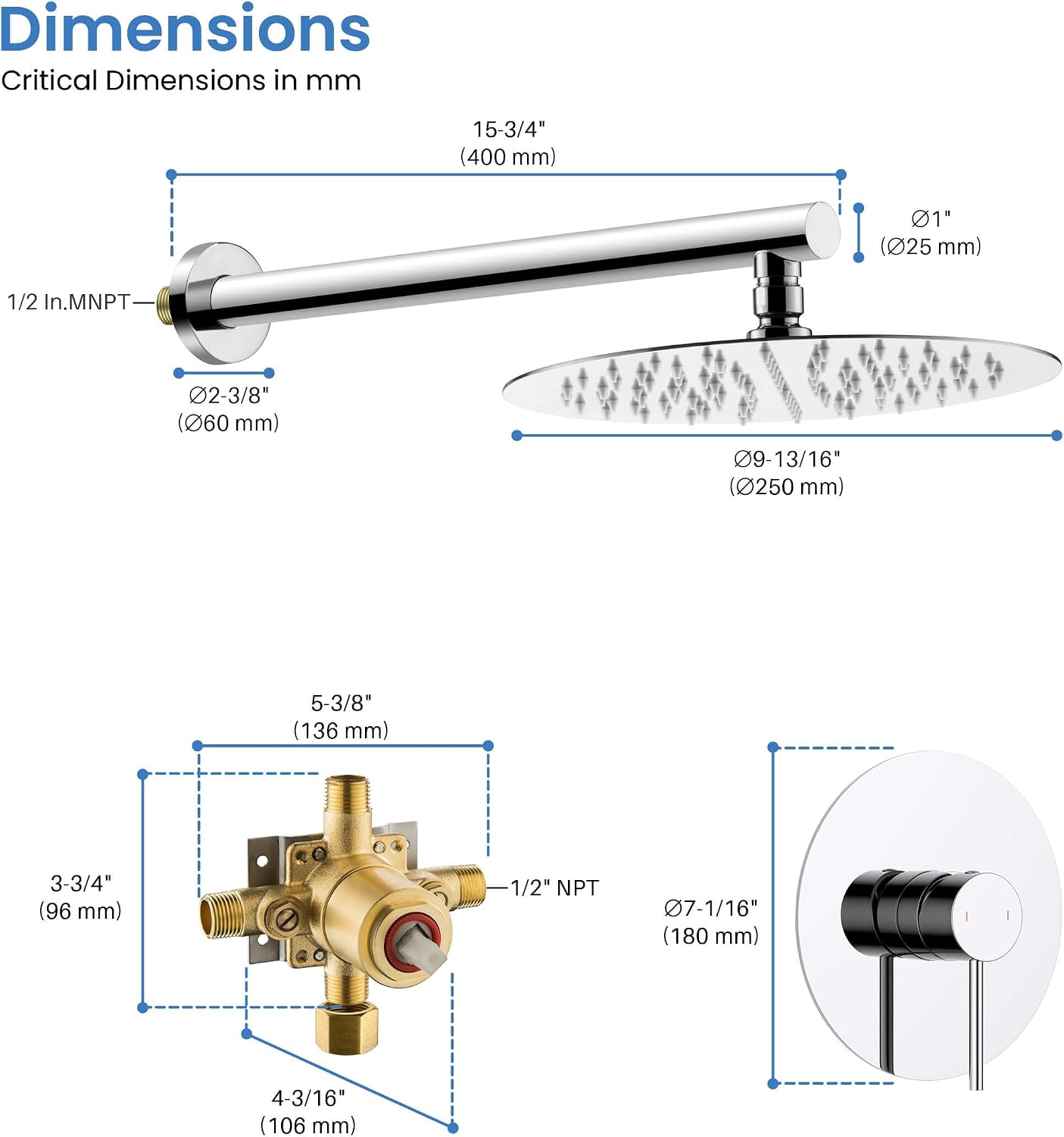 KIBI Circular Shower System for Bathroom | Wall Mounted Single Function Shower Faucet Set with Solid Brass Pressure-Balanced Valve for Consistent Water Flow | Chrome Finish, KSF407