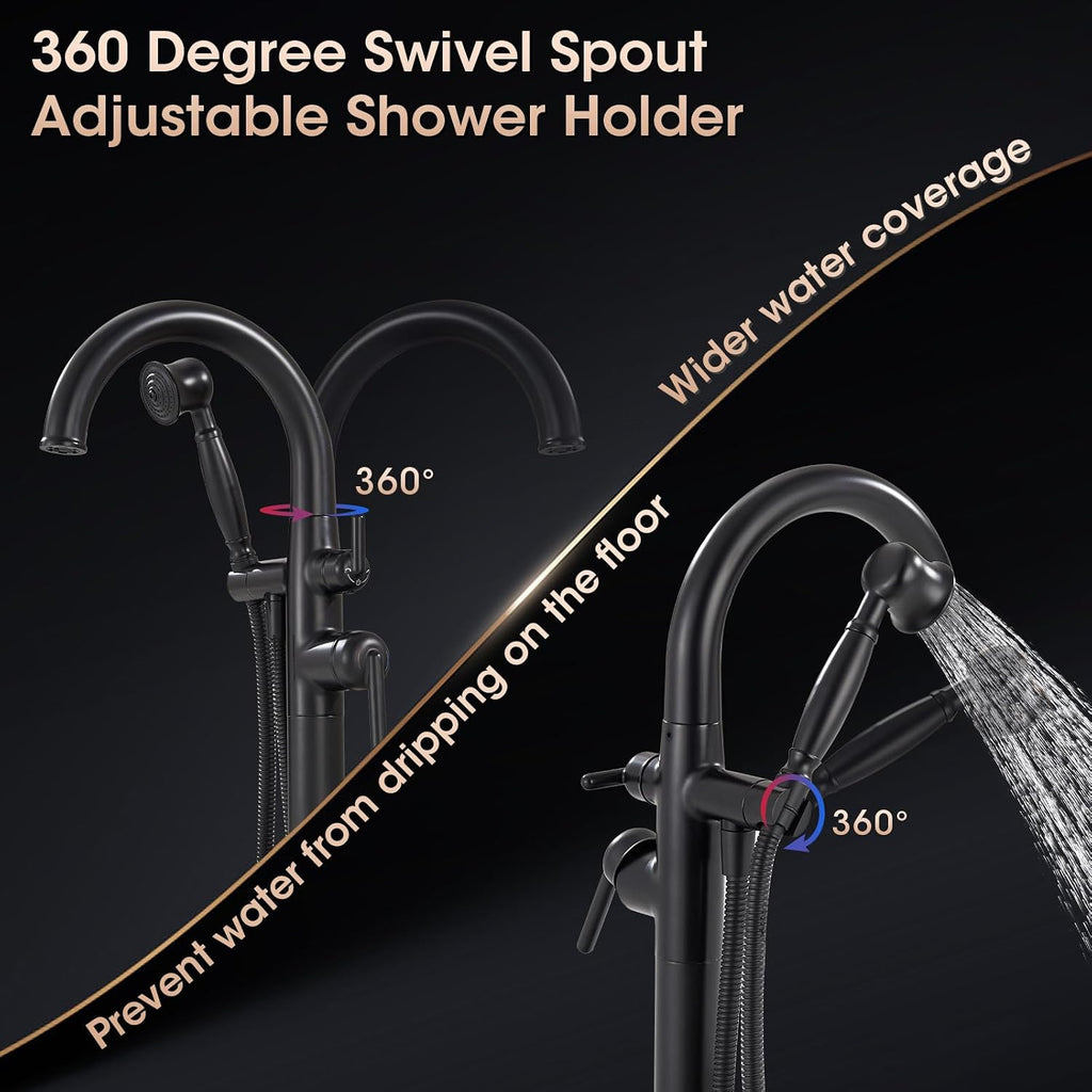 Freestanding Bathtub Faucet Matte Black Floor Mount Tub Faucets High Flow Max 6.6GPM/60PSI Vintage Hand Shower&Swivel Spout