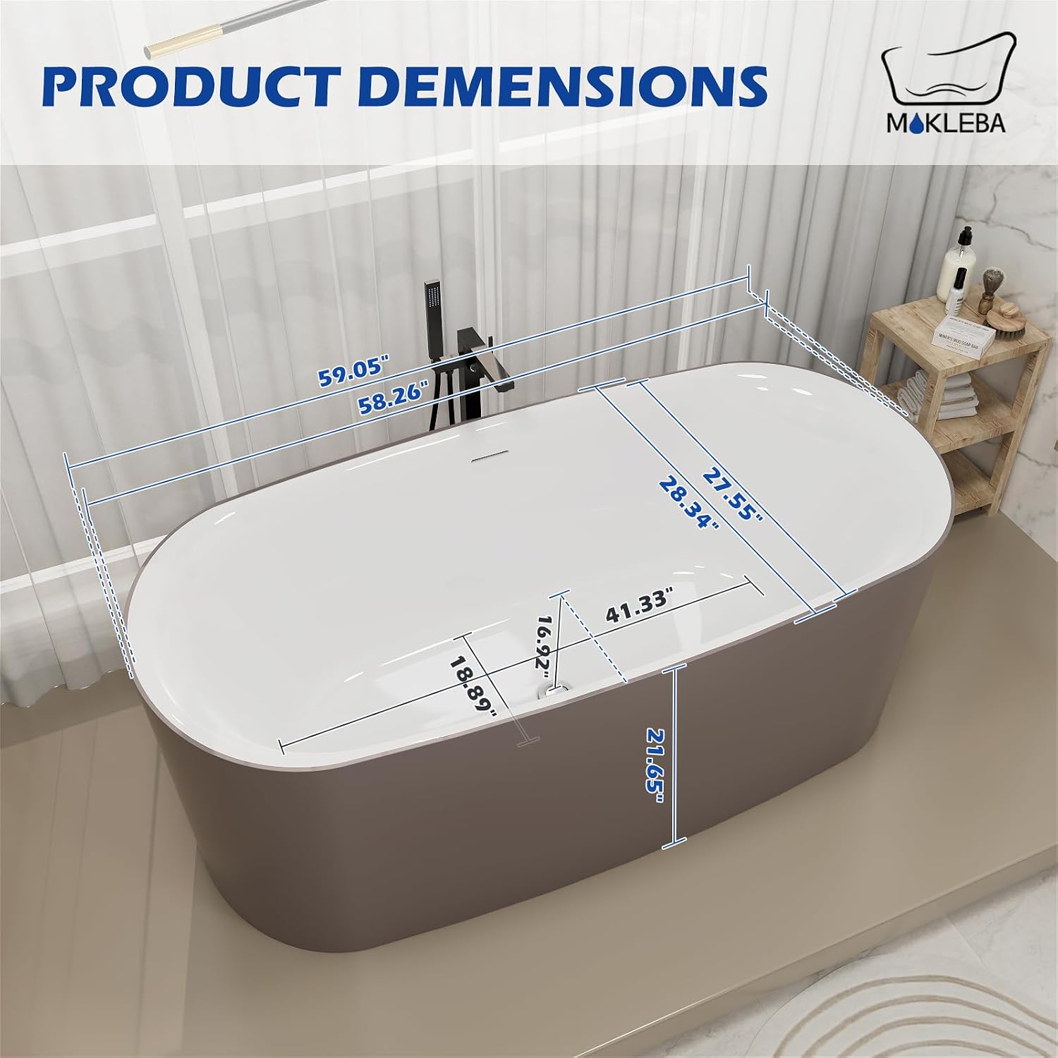 59' Solid Surface Resin Freestanding Bathtub Oval Shape, Modern Deep Stone Resin Soaking Bathtub with Integrated Slotted Overflow, Toe-Tap Chrome Drain, cUPC Certified, Brown
