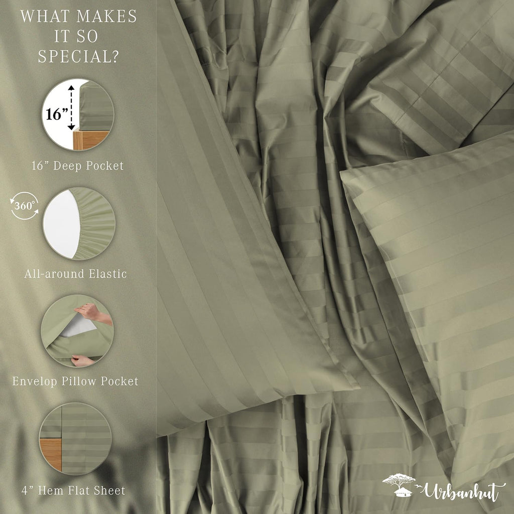 URBANHUT 100% Cotton Damask California King Size, Comfort Series 4Pc Sheet Set for Cal King Size Bed, Sateen Weave Stripe Sheets, 16'' Elasticized Deep Pocket - Sage