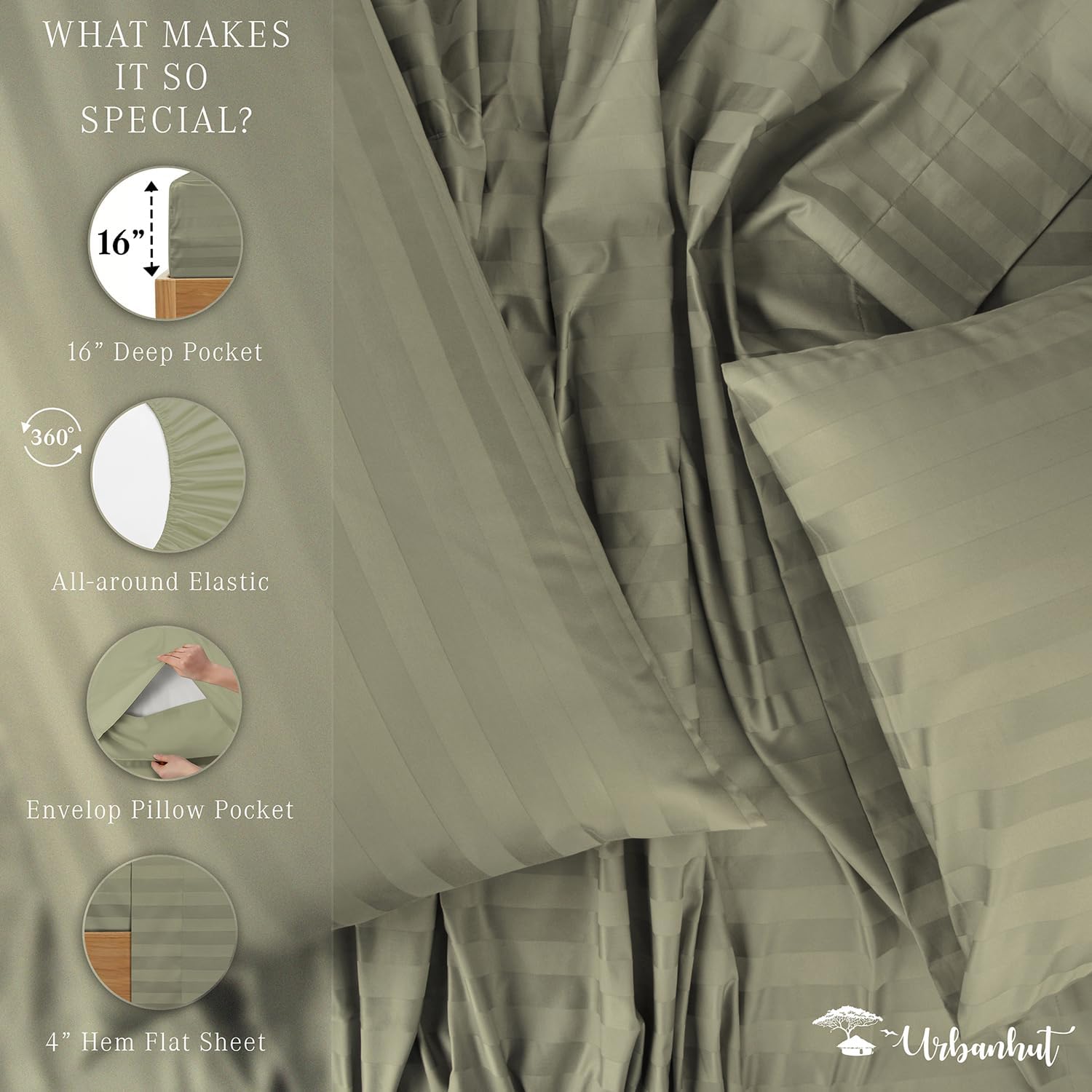 URBANHUT 100% Cotton Damask California King Size, Comfort Series 4Pc Sheet Set for Cal King Size Bed, Sateen Weave Stripe Sheets, 16'' Elasticized Deep Pocket - Sage