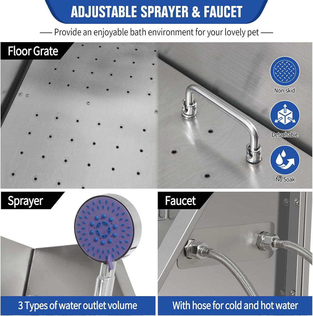 Dog Grooming Tub, L Pet Wash Station, Professional Stainless Steel Pet Grooming Tub With Ramp, Faucet, Sprayer, And Drain Kit