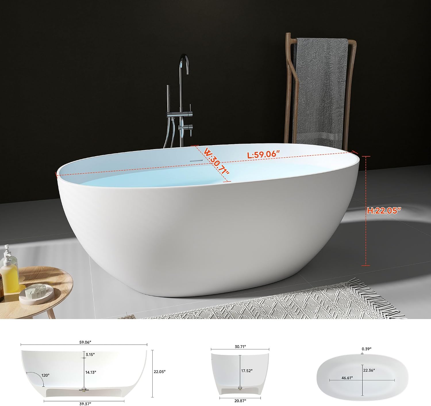 59' Freestanding Solid Surface Bathtub, Oval Stone Resin Soaking Tub Modern Design Stand Alone Tub with Pop-up Drain & Overflow Matte White