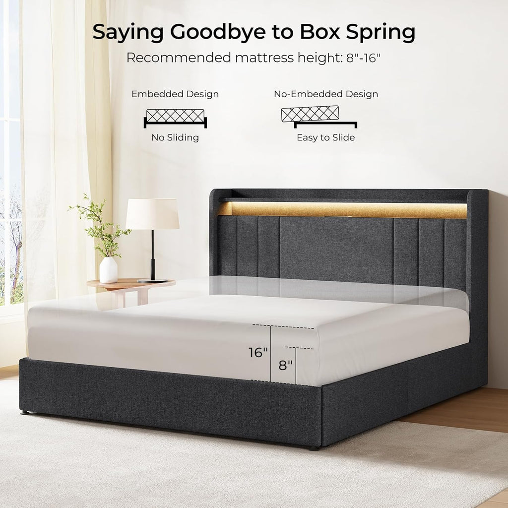 Koorlian Queen Size Upholstered Bed Frame with 2-tier Storage Headboard and 4 Dustproof Drawers, 51'' Tall LED Platform Bed Frames with Adjustable Headboard, USB/Type-C Charging and Side Storage, Grey
