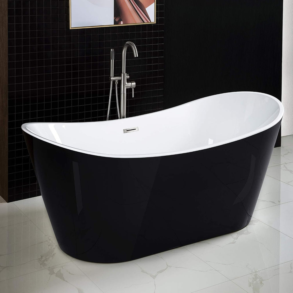 WOODBRIDGE 59' Acrylic Freestanding Bathtub Contemporary Soaking Tub with Brushed Nickel Overflow and Drain, B-1816 Black Color